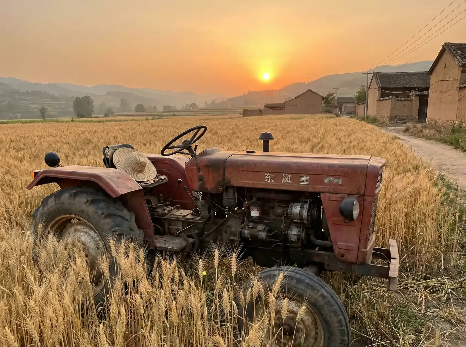 夕阳下的老式拖拉机停在麦田边 - 巴基斯坦遭袭击 田间记忆
